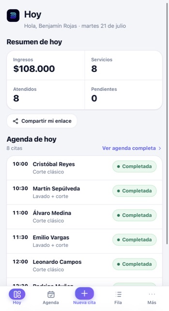 Panel del barbero en el celular con sus ingresos del día, servicios, atendidos y su agenda